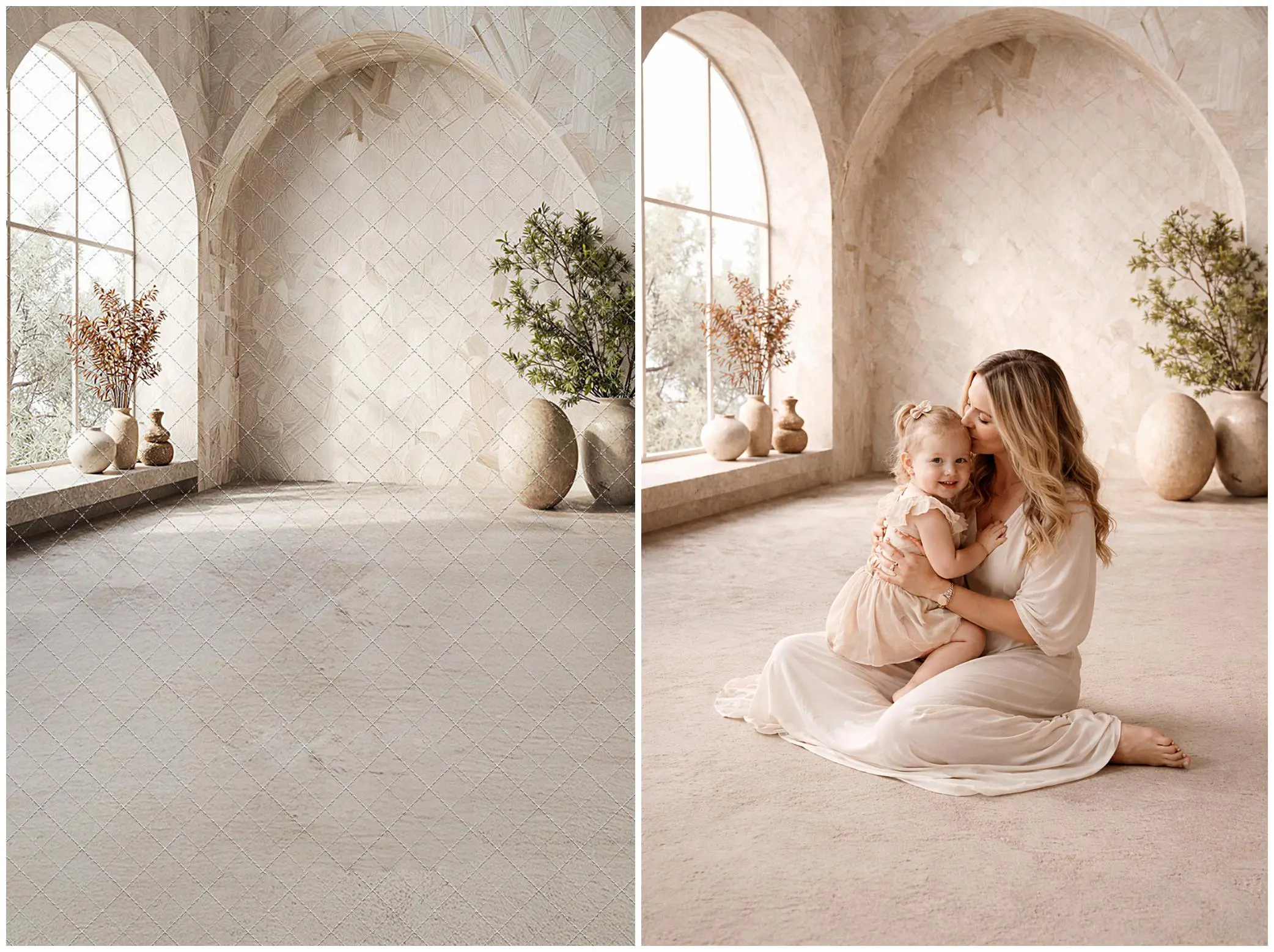 A bright room with arched windows, beige walls, large vases with plants, and a woman in a white dress sitting on the floor, hugging a smiling young girl.