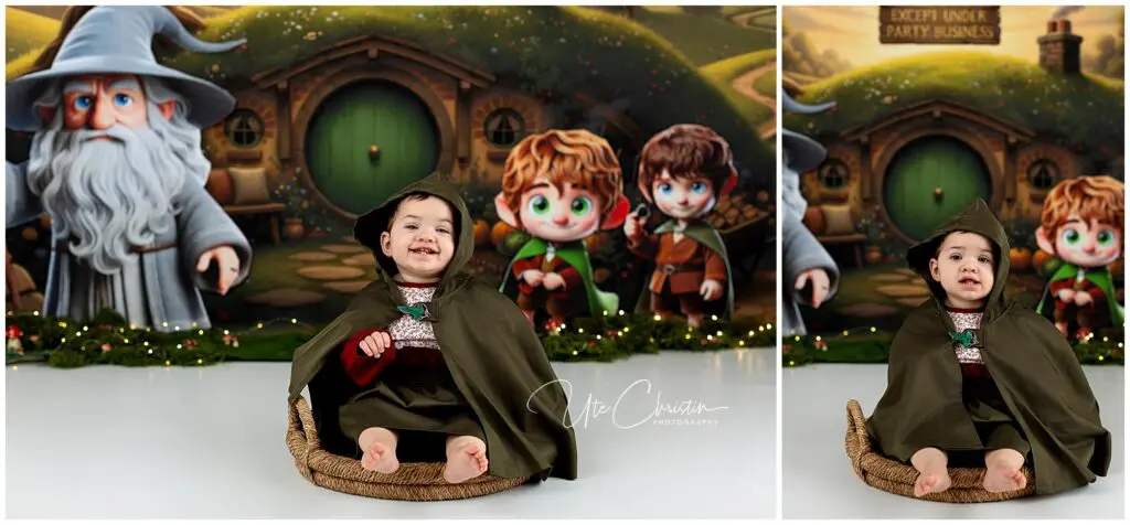 A smiling baby dressed in a hobbit costume sits on a woven mat, with a whimsical Lord of the Rings-inspired backdrop featuring cartoon hobbits and Gandalf in front of a round green door.