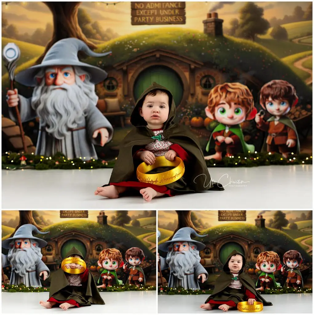 A baby in a hobbit costume sits in front of a Lord of the Rings-themed backdrop with cartoon characters. The baby holds a gold One Ring prop and poses in three different positions, smiling in one and serious in the others.