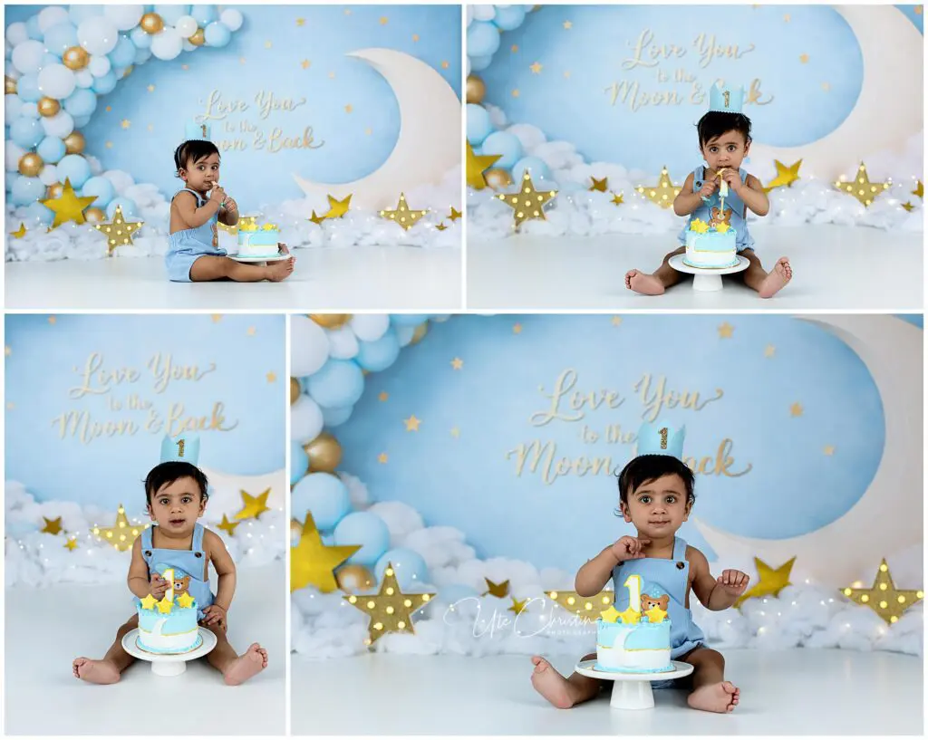 A toddler in a blue romper sits in front of a cake decorated with stars and a moon, surrounded by balloons and star decorations. The background reads Love You to the Moon & Back. The child is making various playful poses.