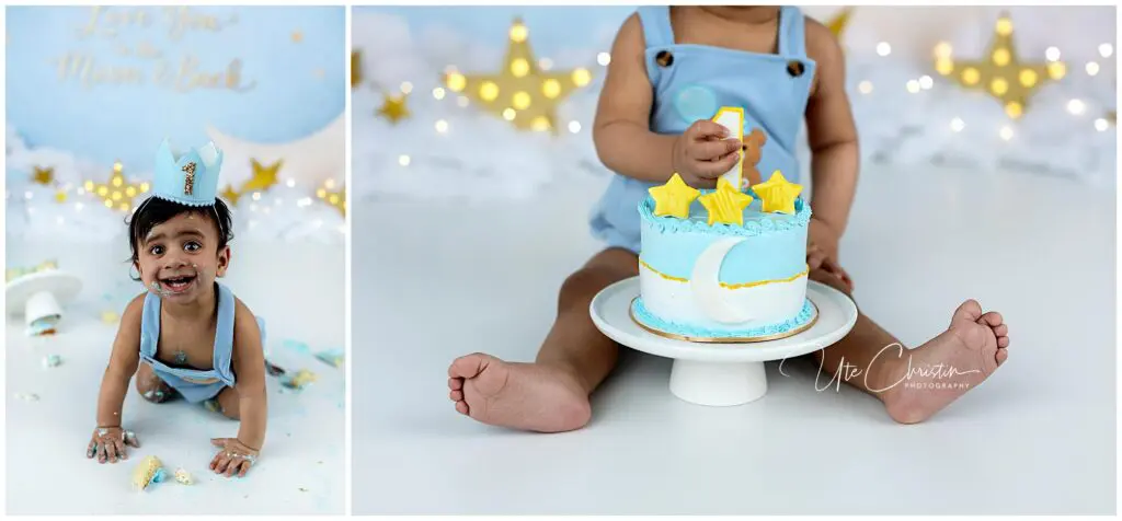 A baby in a blue outfit and crown enjoys a moon and stars-themed cake. The left side shows the baby smiling on the floor; the right side shows the baby sitting with the cake and festive lights in the background.