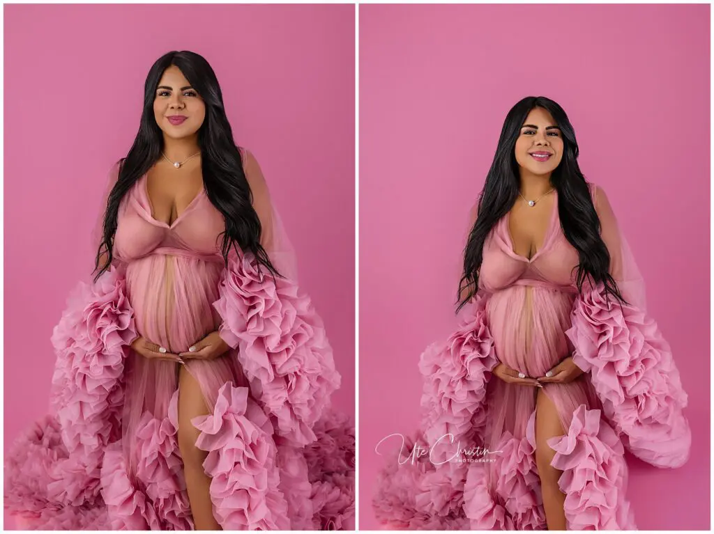 A pregnant woman with long dark hair poses against a pink background, wearing a sheer, ruffled pink gown. She is smiling and holding her belly in both images placed side by side.
