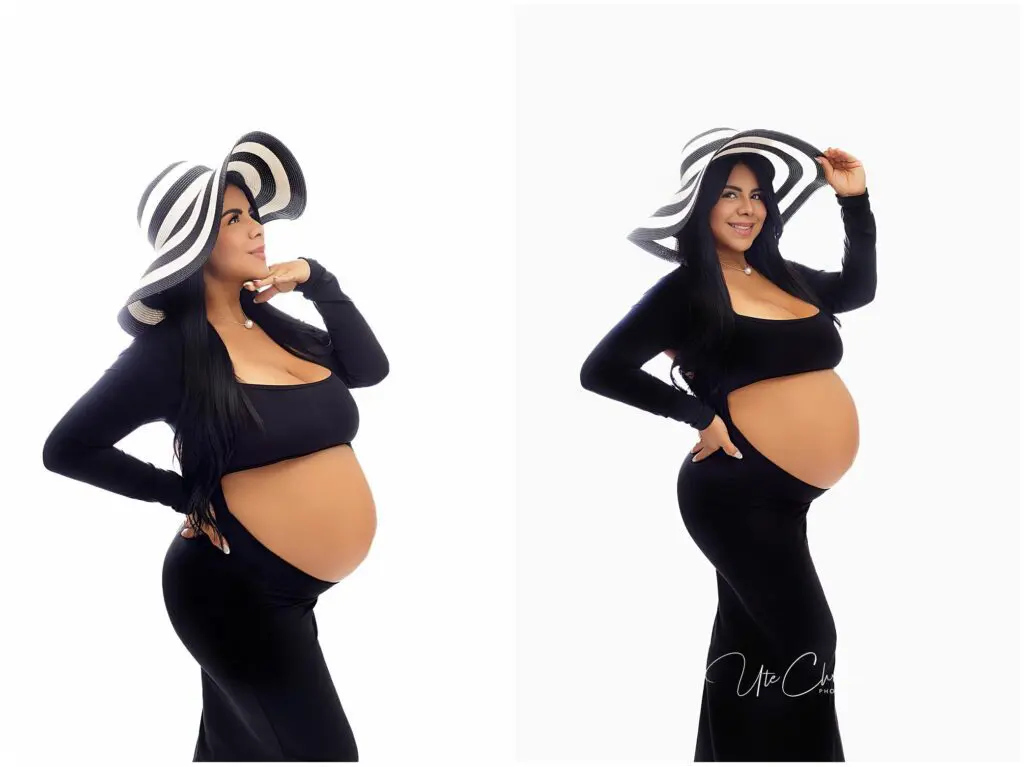 A pregnant woman in a long black dress and a wide-brimmed black-and-white hat poses confidently against a white background, showing off her baby bump in two different poses.