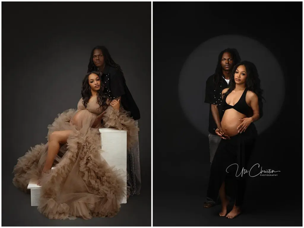 Side-by-side portraits of a pregnant woman and her partner. On the left, she wears a flowing tan gown and sits while he stands behind her. On the right, she wears a black outfit as he stands close, both hands on her belly.