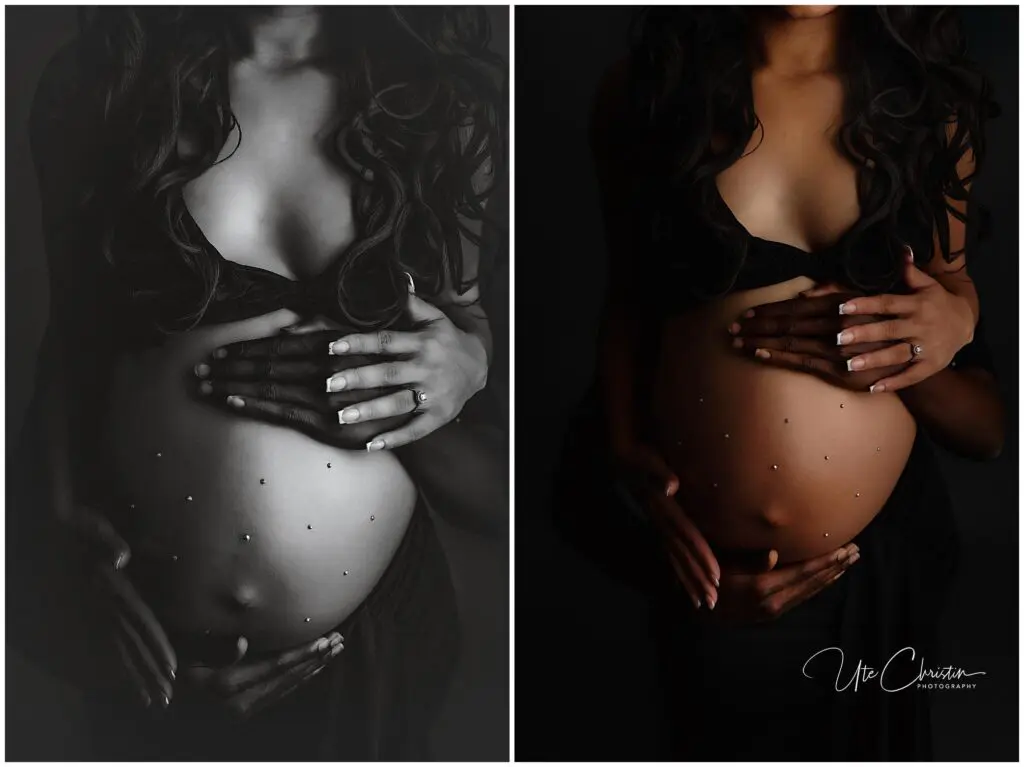 A side-by-side photo of a pregnant woman in a dark dress, holding her bare belly adorned with small gems. One side is black and white, the other is in color. Her face is not visible.