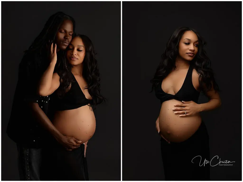 A pregnant woman in a black outfit poses in a studio with her belly adorned with jewels. In one photo, a man stands behind her, gently embracing her; in the other, she stands alone, holding her belly and looking off-camera.