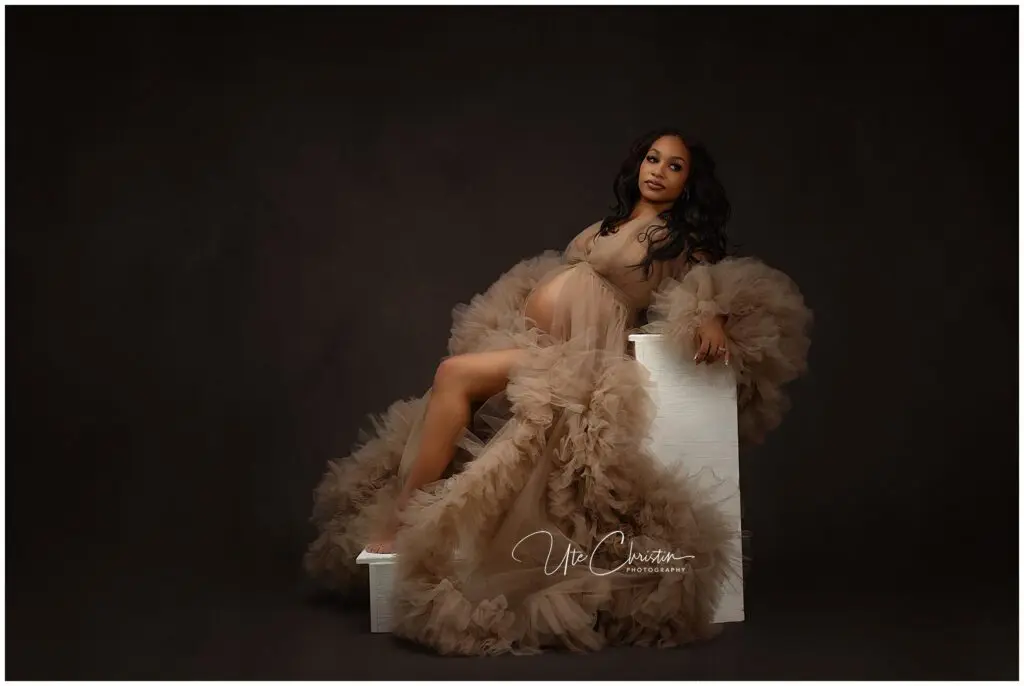 A pregnant woman in a dramatic, ruffled taupe gown poses gracefully on a white block against a dark background. She has long dark hair and a serene expression, with one hand resting on her belly.