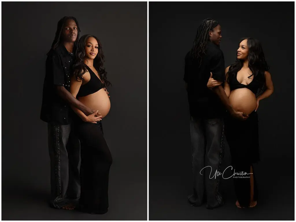 Two side-by-side photos show a couple posing together against a dark background. The woman is pregnant, wearing a black dress that reveals her belly, and the man stands beside her, embracing her and looking at her affectionately.