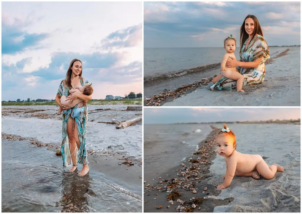 A woman in a flowy dress stands in shallow water, holding a baby, Mastering the Art of Breastfeeding in CT. She sits with the baby on the beach, and later, the baby crawls among seashells near the ocean under a cloudy sky.
