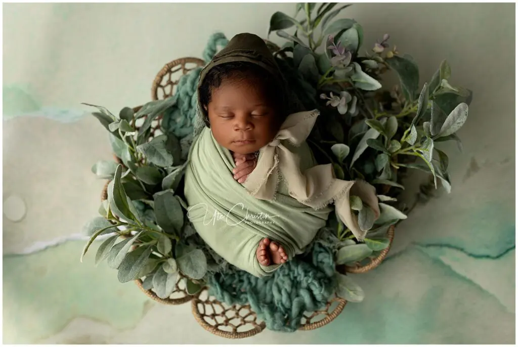 A sleeping baby wrapped in a soft green blanket, lying in a basket surrounded by green foliage and purple flowers, on a pastel green and blue background, capturing the serene charm of Milford CT.