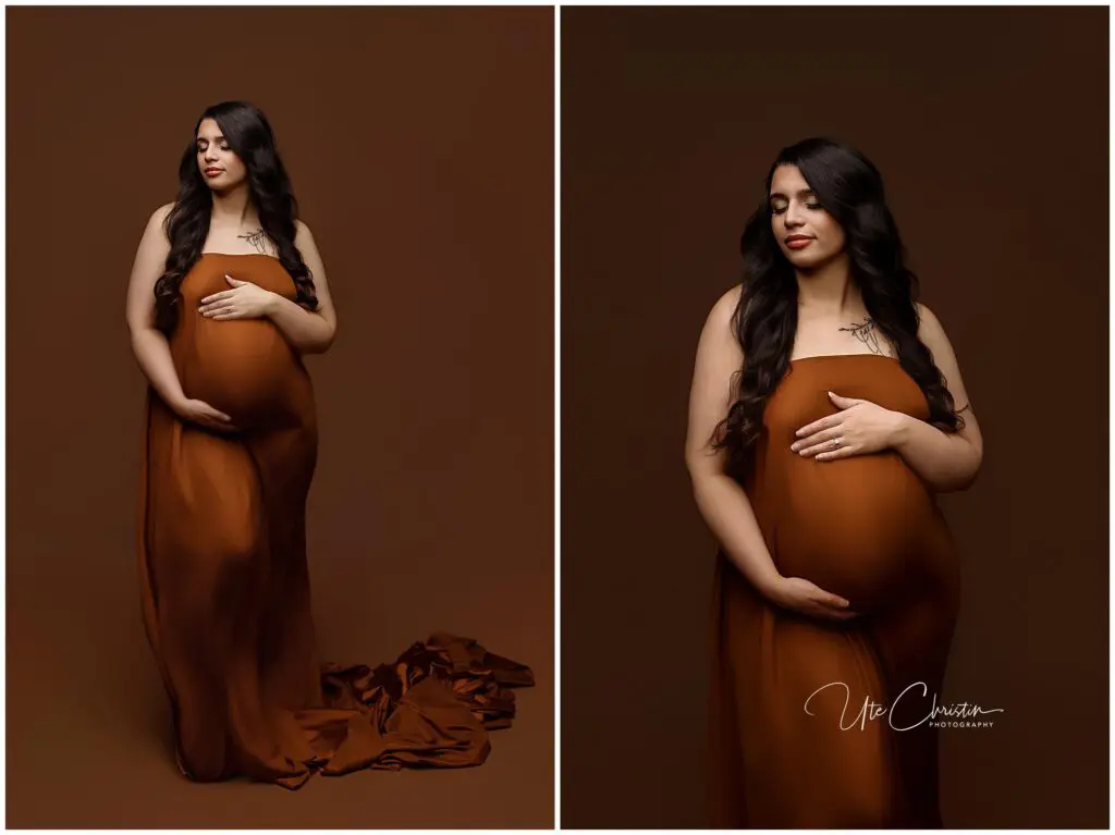 A pregnant woman with long dark hair wears a flowing brown dress, posing against a brown background. She cradles her belly with both hands and looks serene. The image is split into a full-body and a close-up portrait.