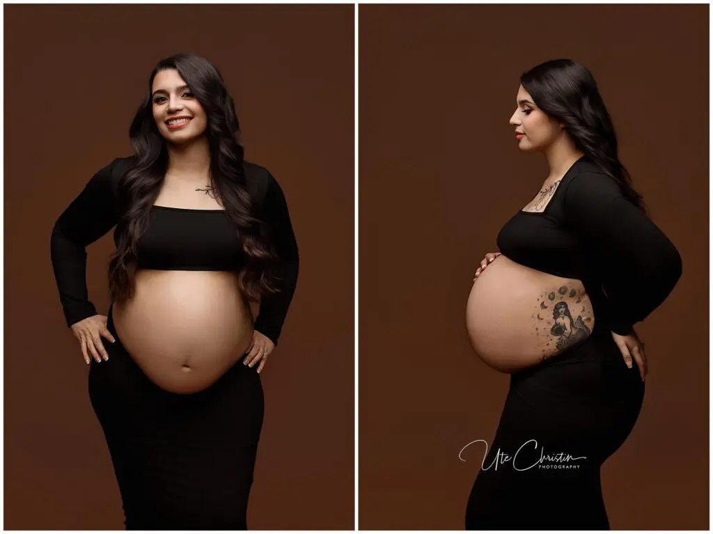 A pregnant woman stands against a brown background, wearing a fitted black dress that reveals her baby bump. She poses smiling in one photo and in a profile view with her hands on her back in the other.