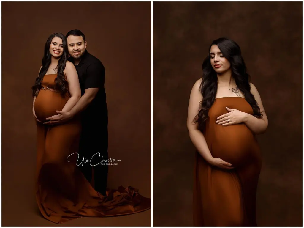 A pregnant woman in a brown dress poses for a maternity shoot. In one photo, she stands with a man embracing her from behind; in the other, she cradles her belly and smiles gently with her eyes closed.