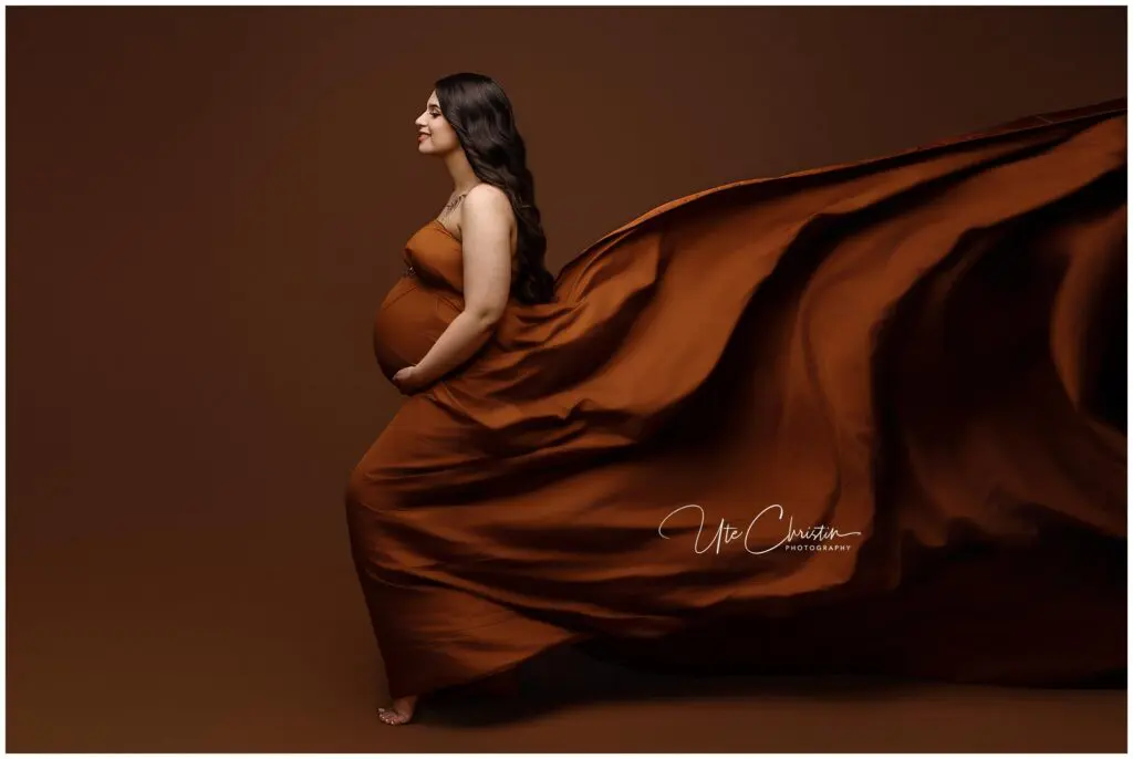 A pregnant woman in a flowing, brown dress stands gracefully against a matching brown background. Her long hair is loose, and the dress billows dramatically behind her as she holds her belly and smiles softly in profile.
