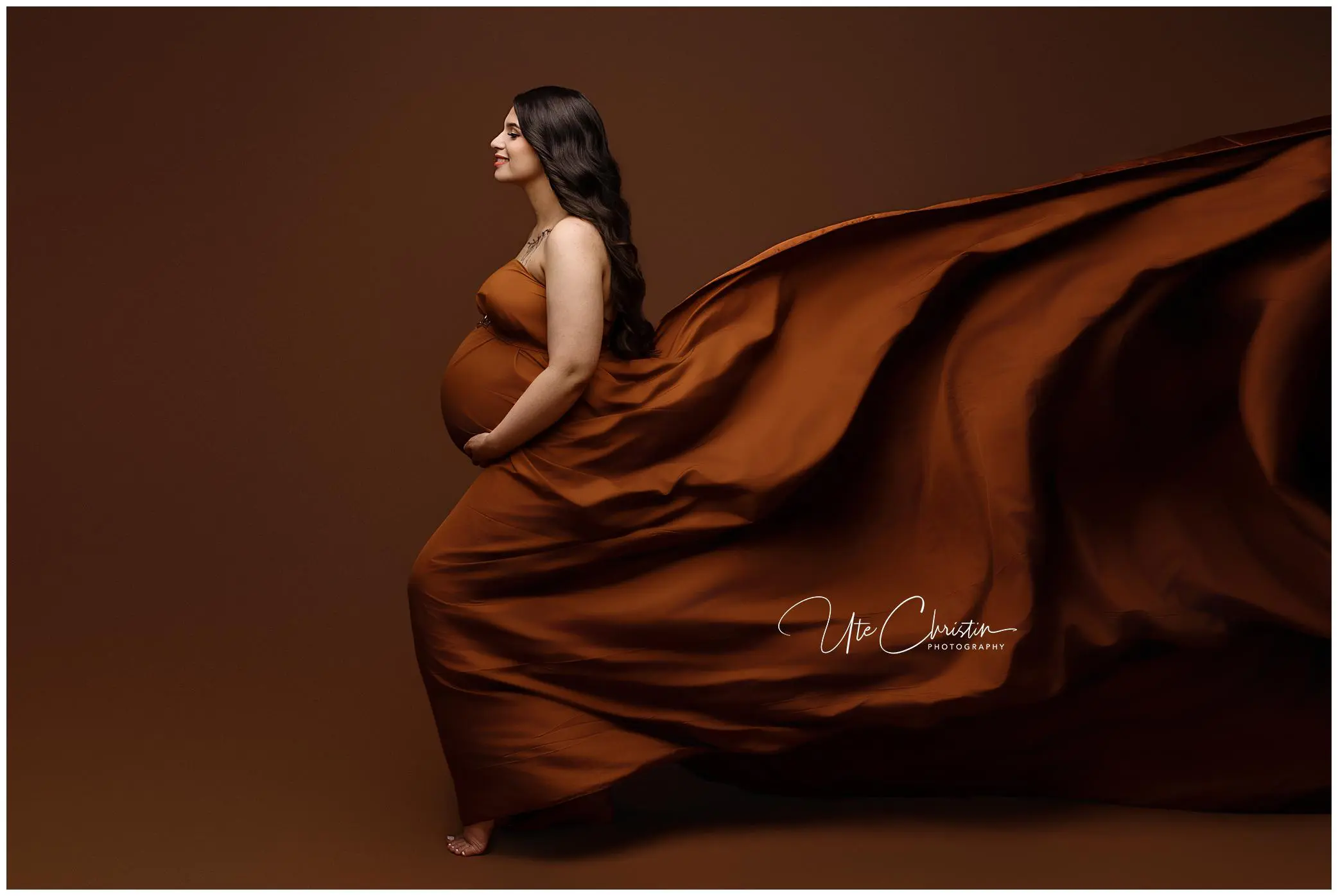 A pregnant woman in a flowing, brown dress stands gracefully against a matching brown background. Her long hair is loose, and the dress billows dramatically behind her as she holds her belly and smiles softly in profile.