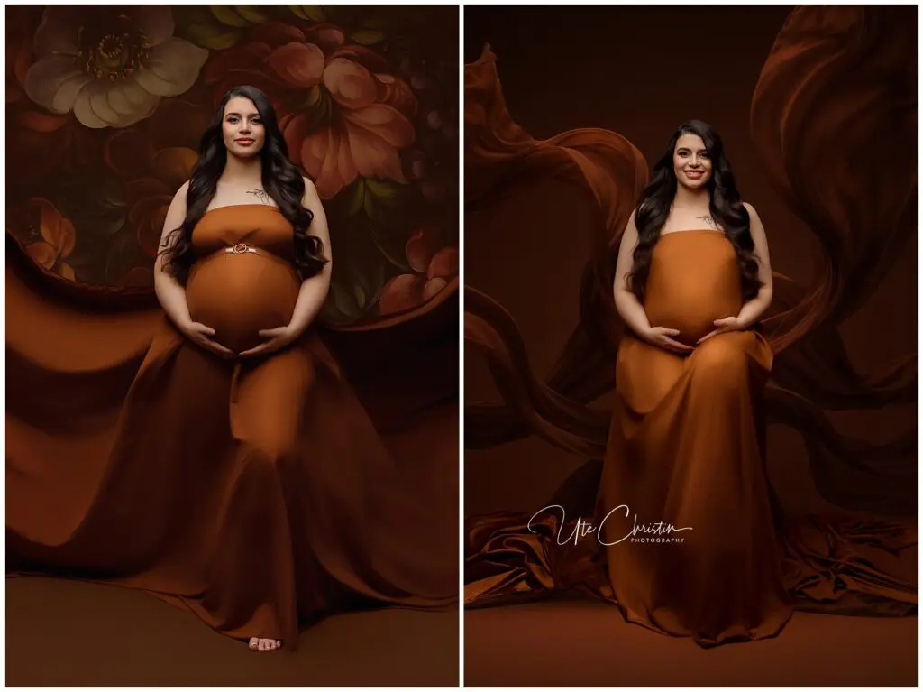 A pregnant woman in a brown strapless gown poses against a floral and flowing brown backdrop, holding her belly and smiling. Her long dark hair cascades over her shoulders in both portraits.