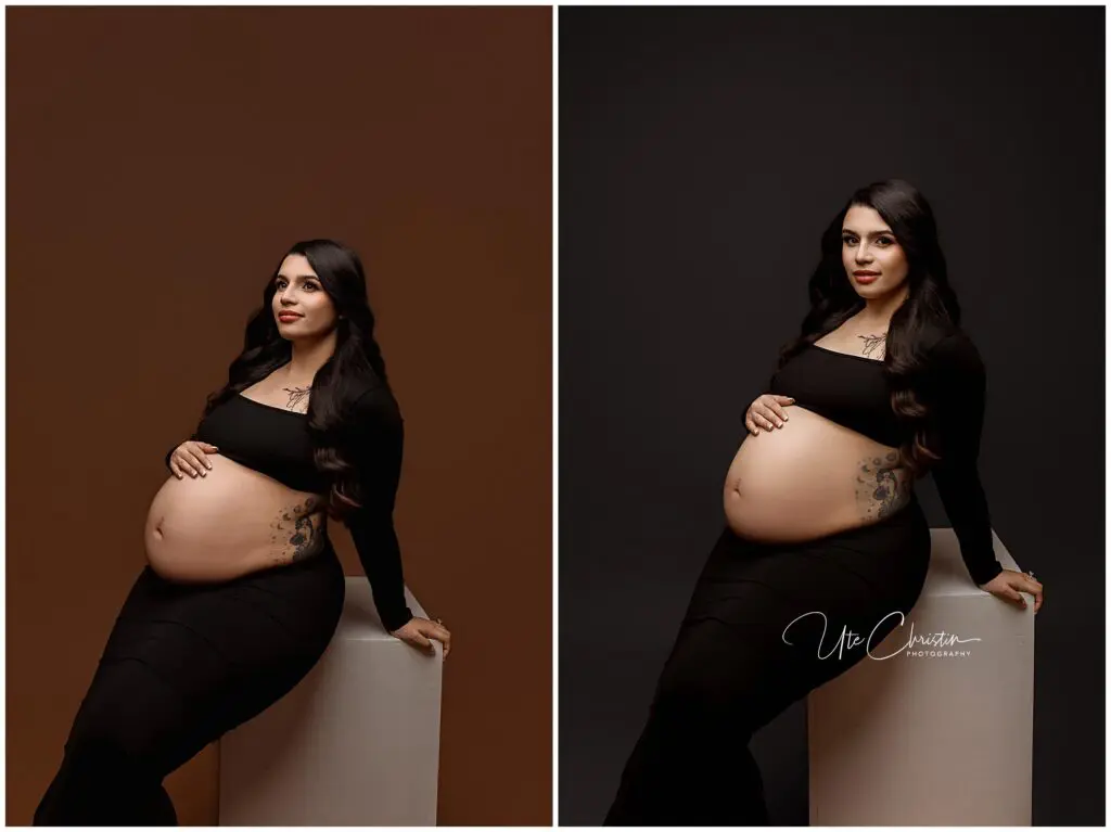 A pregnant woman with long dark hair poses in a black off-shoulder dress, sitting on a white block against brown and black backgrounds in two side-by-side portraits. She cradles her belly, displaying tattoos and a calm expression.
