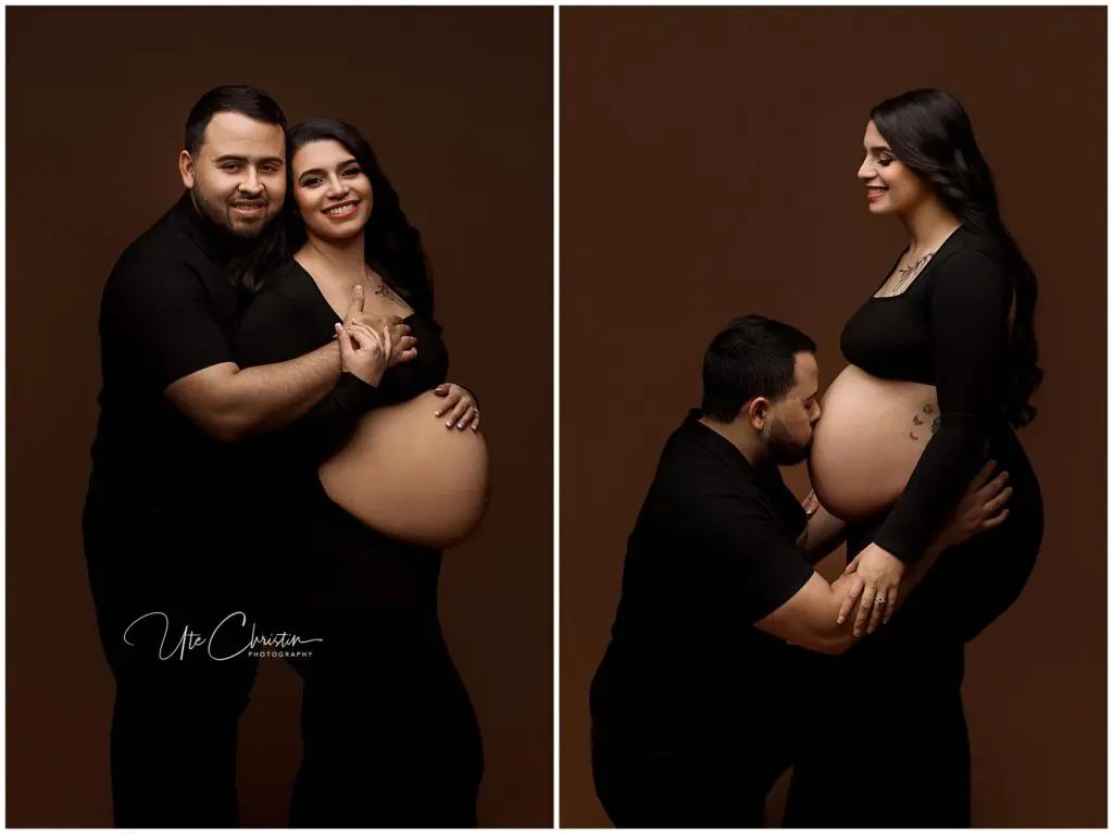 Side-by-side portraits of a smiling couple. The woman is pregnant and wearing a black dress. In the first image, the man hugs her from behind. In the second, he kneels and kisses her exposed belly. Both have dark hair and wear black.