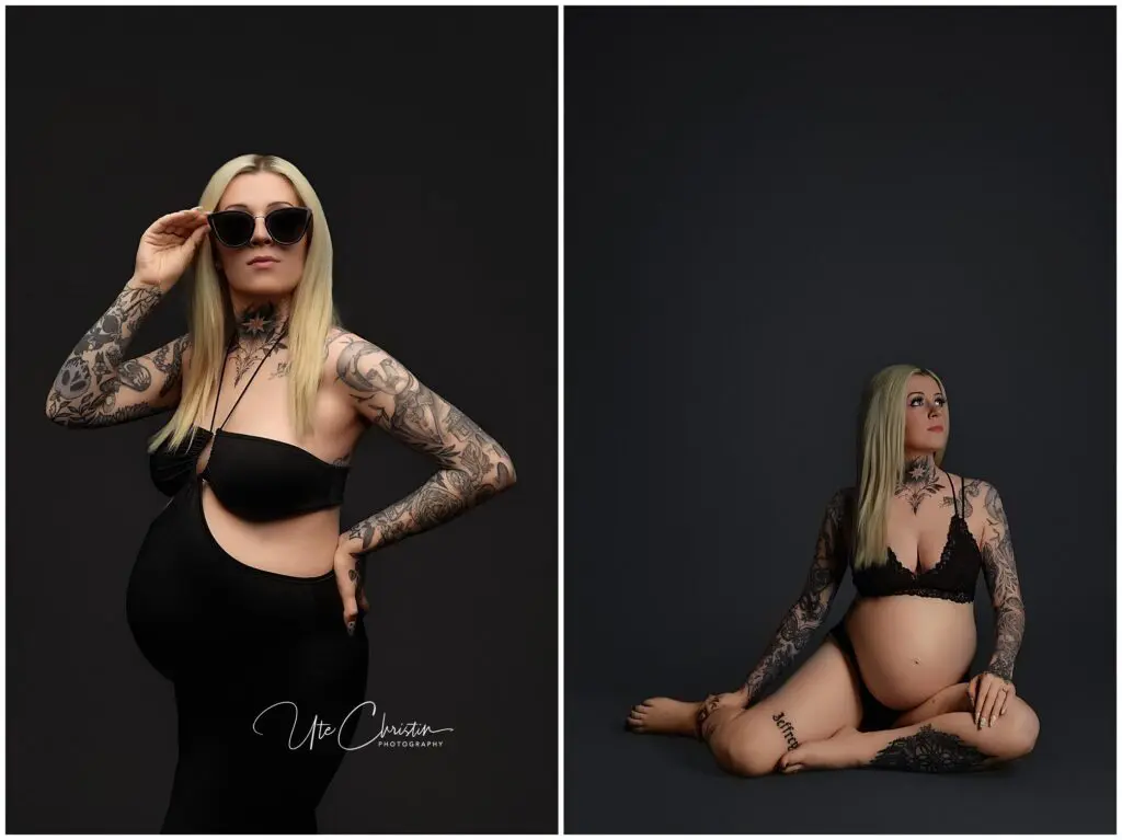 Side-by-side portraits of a pregnant woman with blonde hair and tattoos. On the left, she wears sunglasses and a black dress, standing confidently. On the right, she sits on the floor in black lingerie, looking to the side.