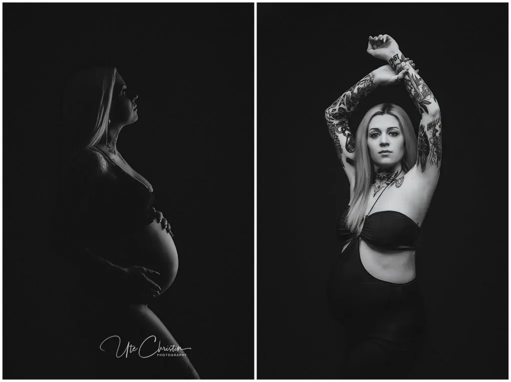 A black and white diptych photo of a pregnant woman with long hair and tattoos, posing in a strapless outfit; left: profile view with hands on belly, right: facing forward with arms raised.