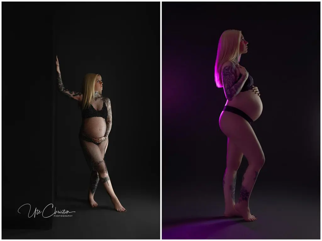 A pregnant woman with blonde hair and tattoos poses in black lingerie and a fishnet cover in two studio portraits, one leaning against a wall, the other standing in profile with purple lighting.
