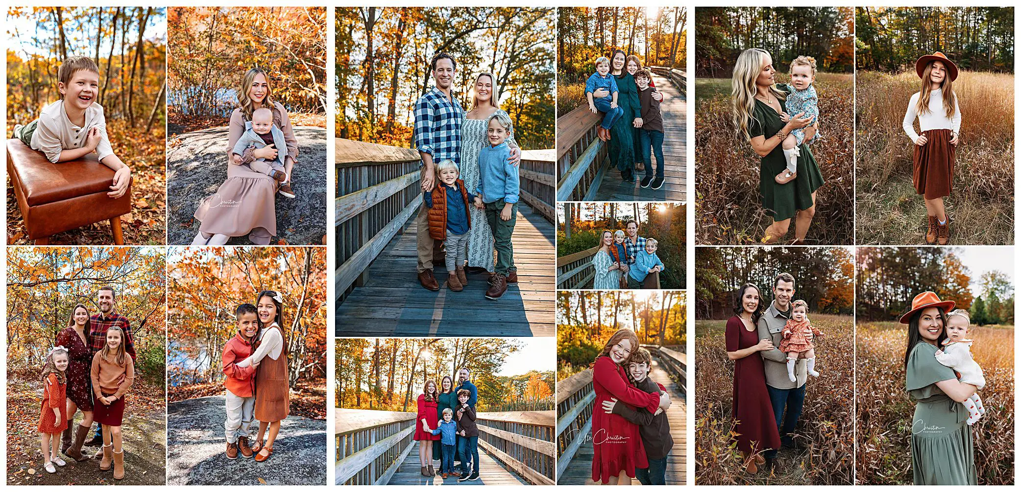 A collage of families and individuals outdoors in autumn, posing on wooden paths, rocks, and fields with colorful leaves, warm clothing, and joyful expressions.