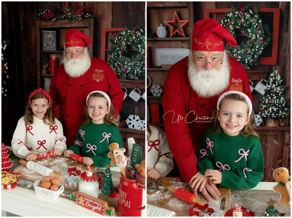 Two smiling girls in festive sweaters bake Christmas cookies with Santa Claus in a cozy, decorated kitchen, surrounded by holiday treats and decorations. Santa wears a red hat and coat, assisting the girls with dough.