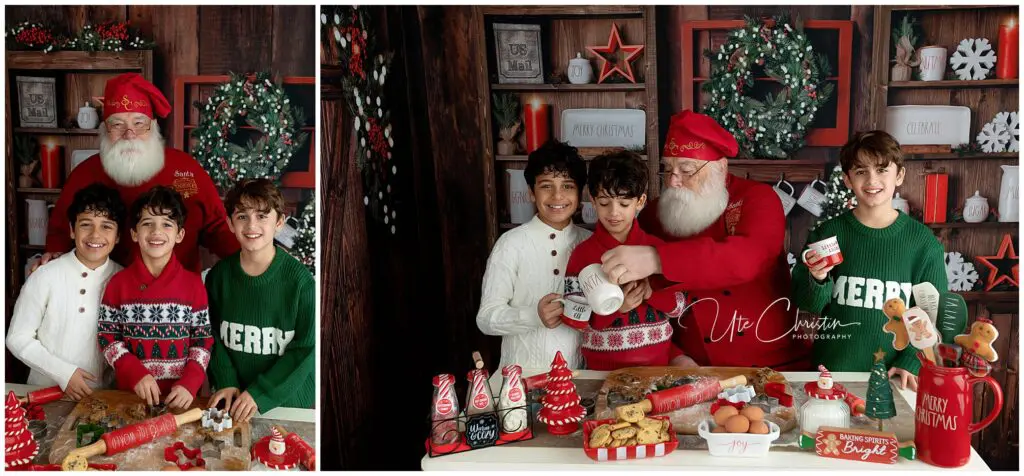Three smiling kids in Christmas sweaters bake holiday cookies with Santa, who wears a red hat and apron. The festive kitchen is decorated with wreaths, gingerbread, and seasonal treats.