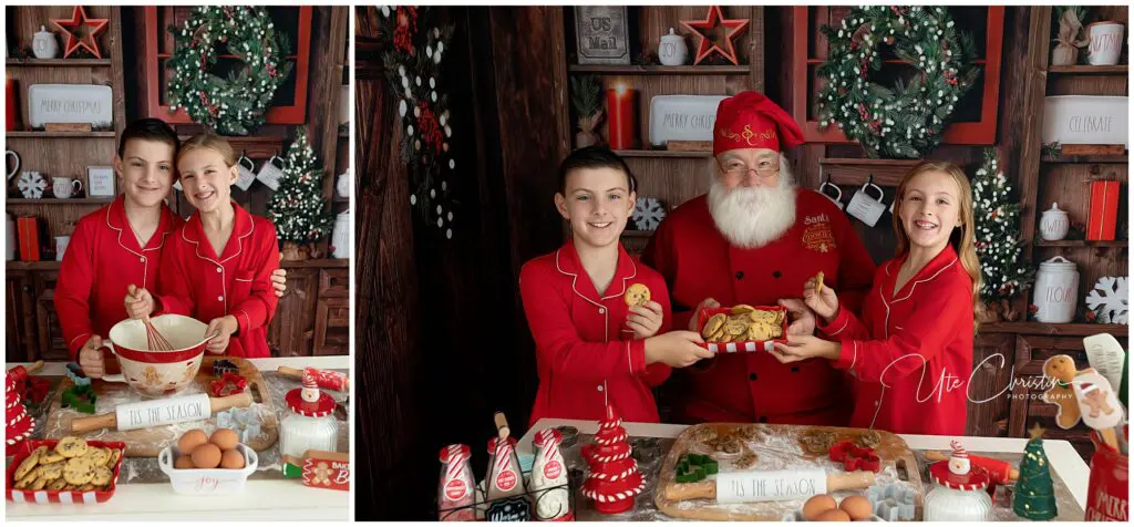 Two kids in red pajamas bake cookies in a festive kitchen; in the second photo, Santa joins them, holding a plate of cookies. Christmas decorations fill the cozy background.