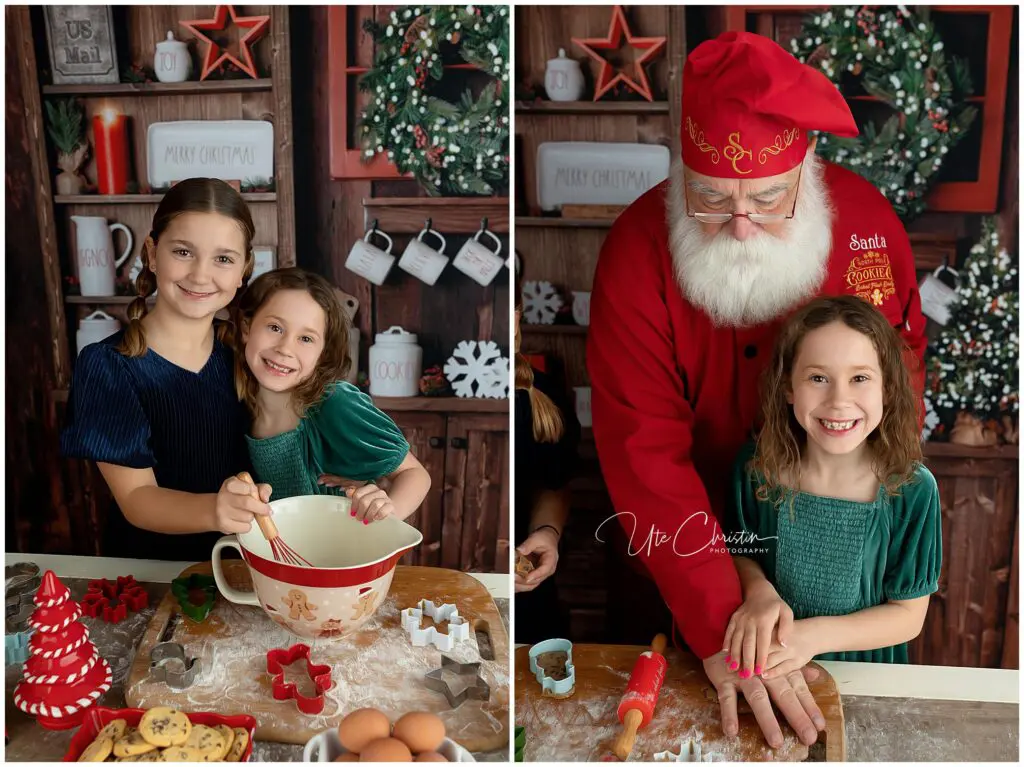 Two girls in green dresses bake holiday cookies in a festive kitchen; in the second photo, a man dressed as Santa helps one girl roll dough, all smiling and surrounded by Christmas decorations and baking supplies.