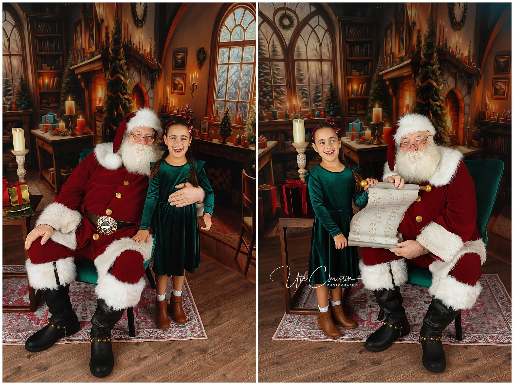 A young girl in a green dress smiles with Santa Claus in a festive room; in one photo she stands beside him, in the other, she points to a long scroll that Santa is holding.
