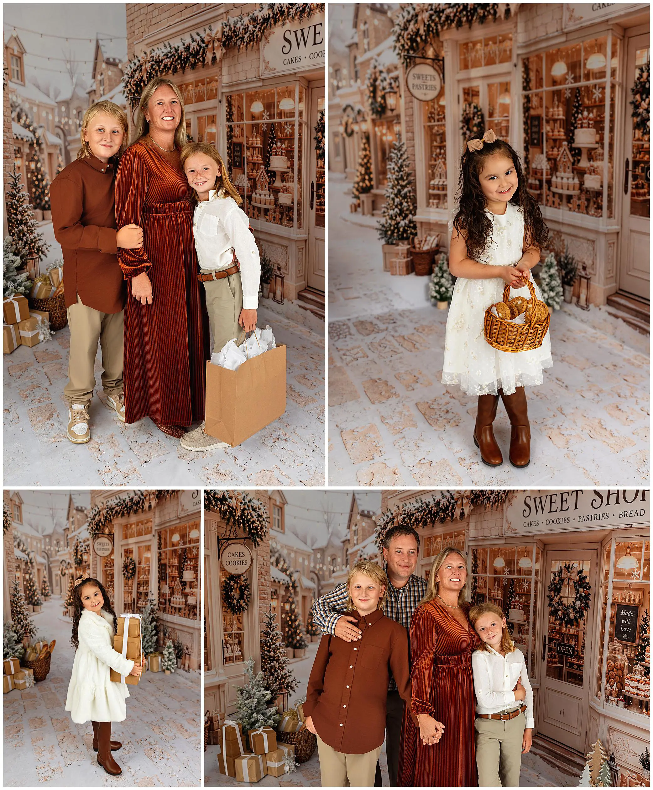 Four holiday-themed photos show a smiling family and two children posing near a festive bakery backdrop with winter decor, gifts, and treats, all dressed in coordinated earth-toned and white outfits.