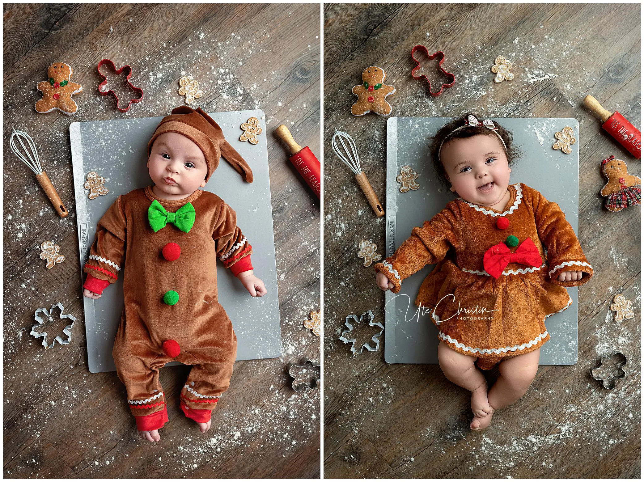 Two babies in gingerbread-themed costumes lay on a flour-dusted wooden floor with baking tools and gingerbread cookies around them, resembling gingerbread cookies ready to be baked.