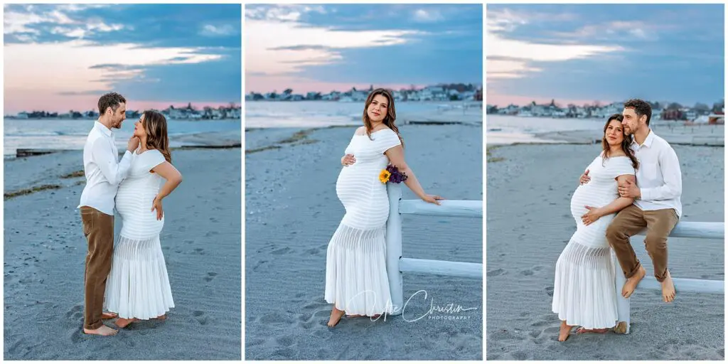 Three photos of a pregnant woman in a white dress on a beach at sunset, posing alone and with a man in a white shirt and tan pants. The ocean and houses are visible in the background.