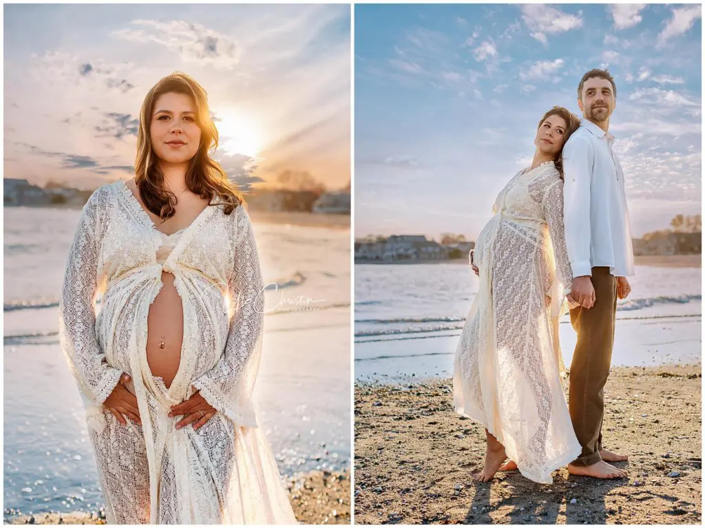 A pregnant woman in a lace dress stands on a beach at sunset; in the second image, she holds hands with a man as they stand back-to-back, both looking content.