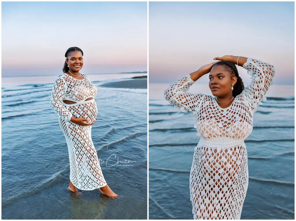 A pregnant woman in a white crochet dress stands in shallow ocean water at sunset, gently holding her belly in one image and posing with hands on her head in the other. The sky is pastel pink and blue.