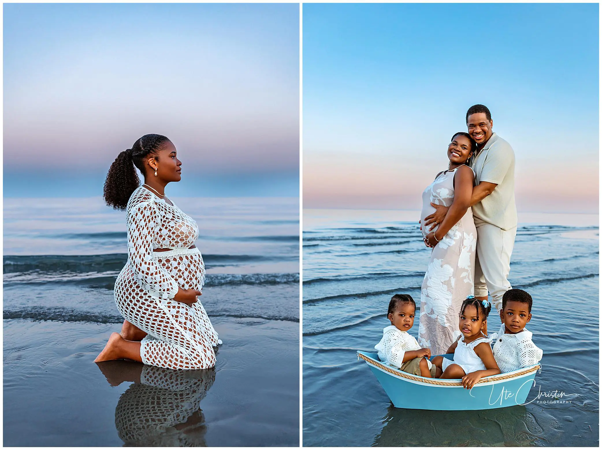 On the left, a pregnant woman kneels on the beach at sunset. On the right, the same woman poses with a man and three young children sitting in a small boat, all smiling by the calm water.