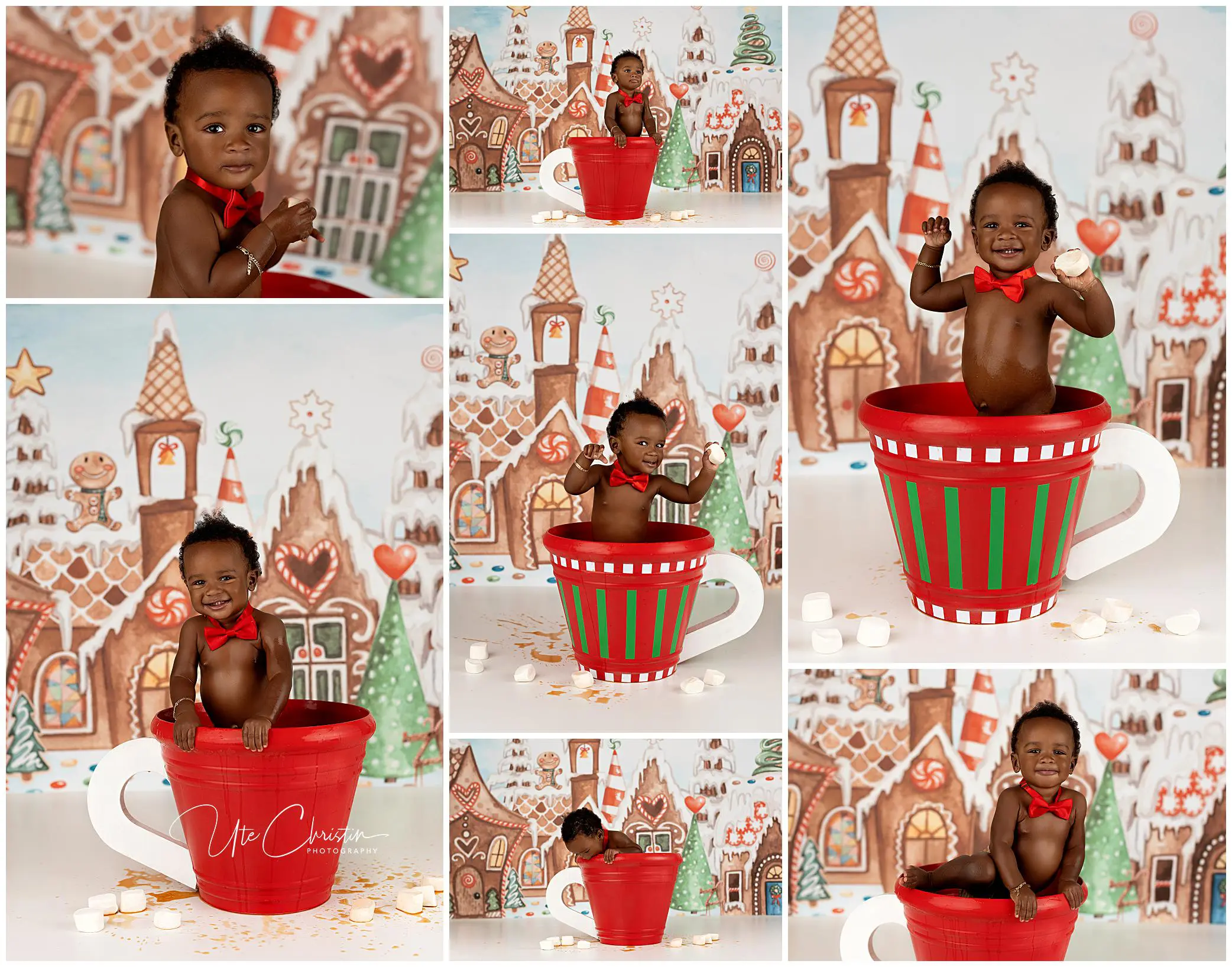 A smiling baby wearing a red bowtie poses in and around a large red holiday mug, surrounded by gingerbread-themed decorations and faux snow, in a festive photoshoot collage.