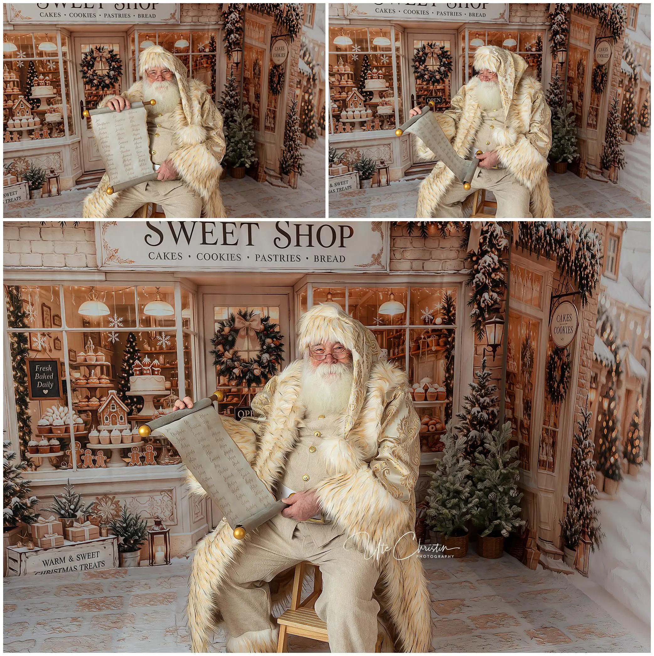 A person dressed as Santa Claus in a cream and gold outfit sits in a festive sweet shop, holding a long scroll. The shop is decorated with holiday treats and Christmas decorations.