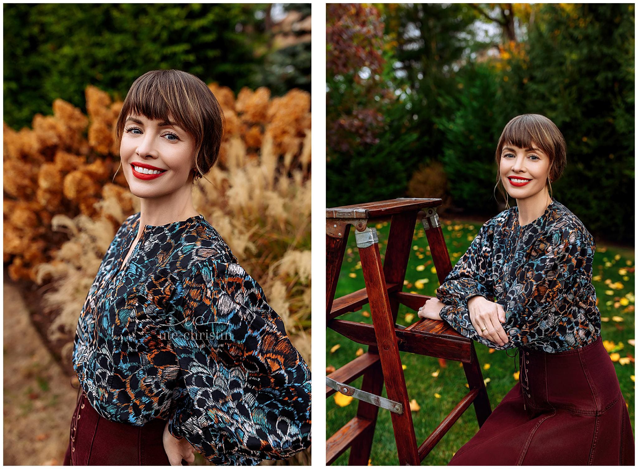 A person with short hair smiles in an outdoor headshot, standing beside a ladder. They are dressed in a patterned long-sleeve blouse and a red skirt, framed by lush greenery and vibrant autumn foliage.