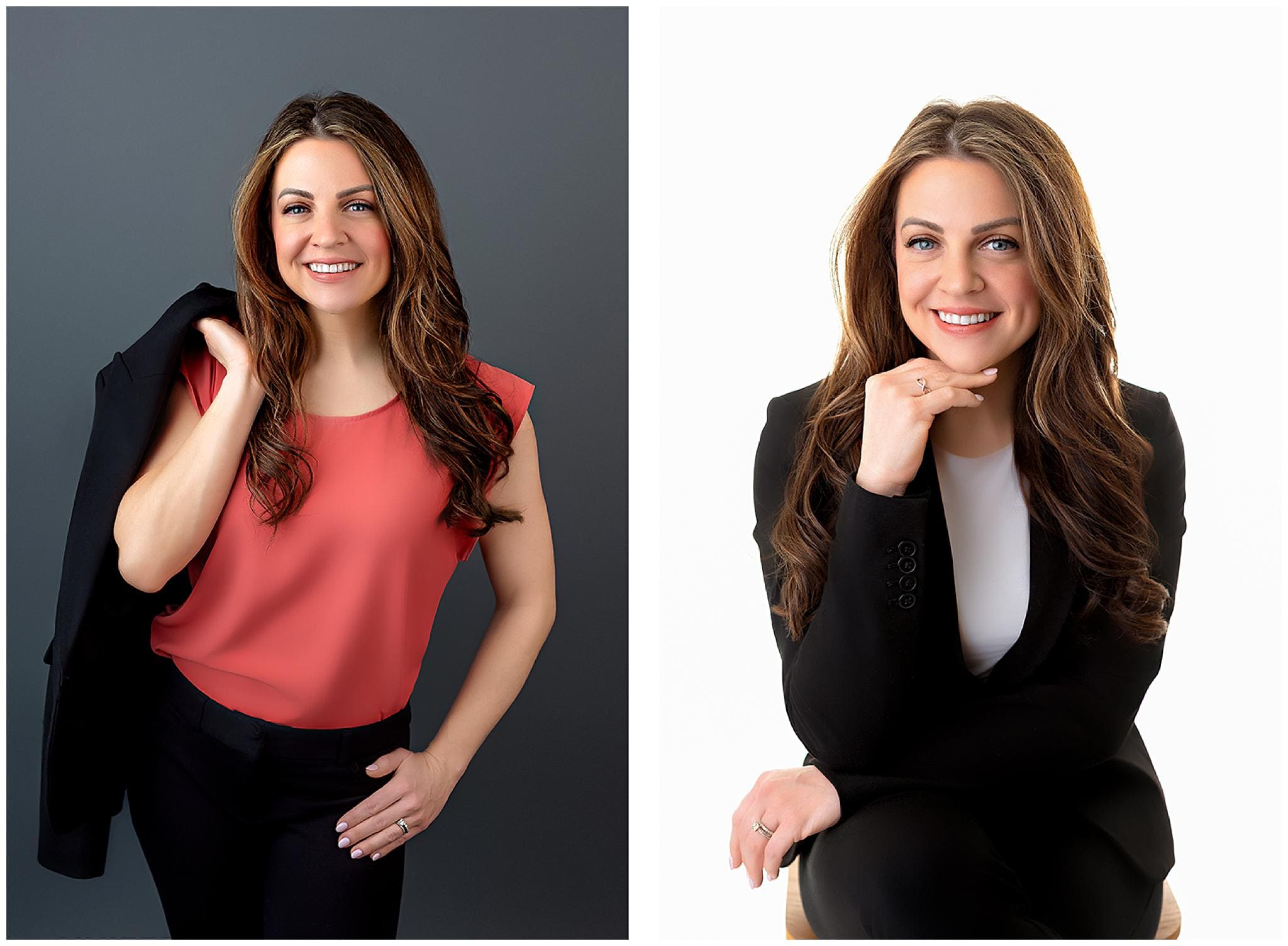 Woman with long brown hair smiles in two portraits. In the left image, she wears a coral top and holds a black jacket over her shoulder. In the right image, she is seated, wearing a black suit with a white top, resting her chin on her hand during her CT headshot session.