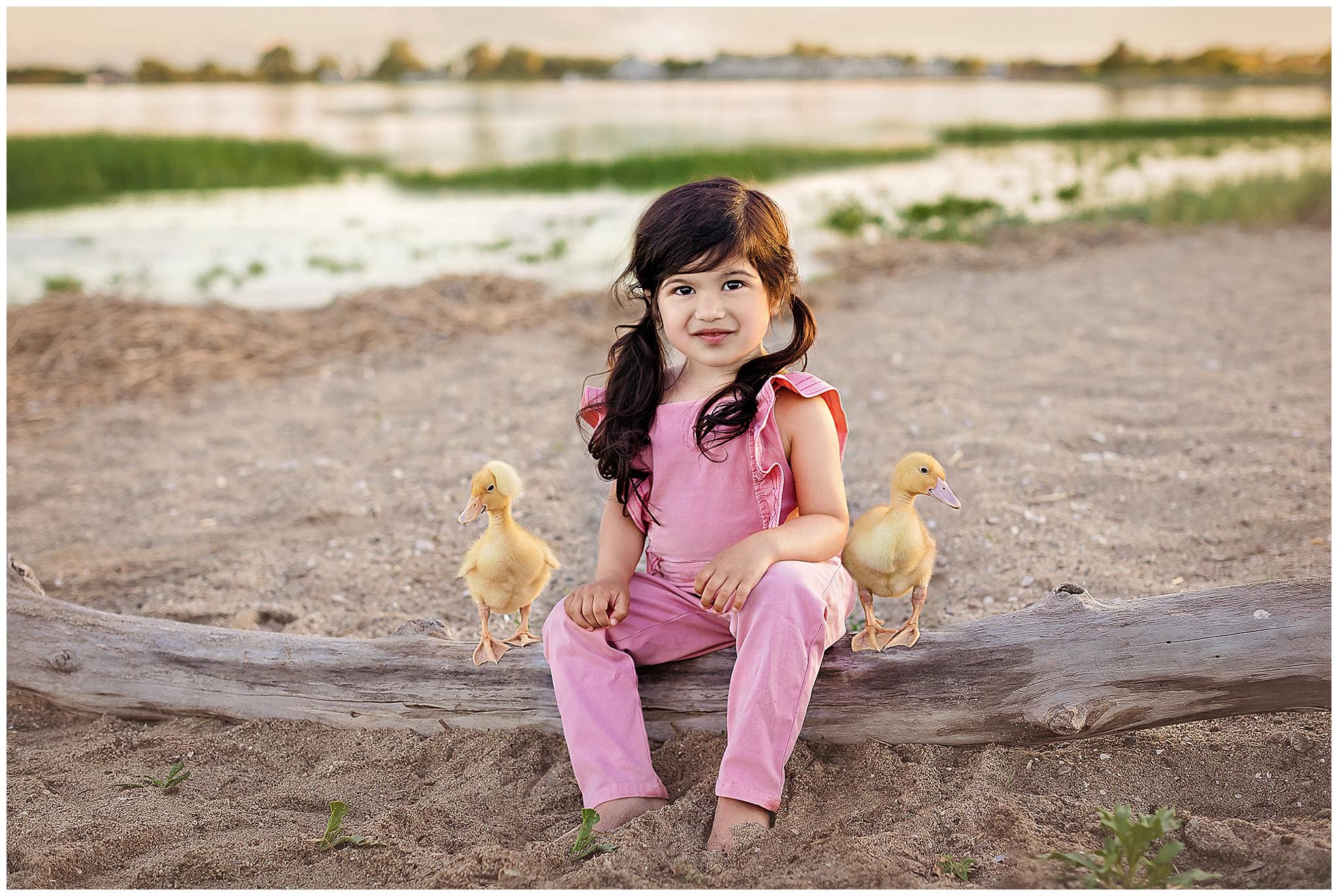 A young girl in pink overalls sits on a log by a sandy lakeshore, smiling. Two yellow ducklings are perched beside her. The background features a serene lake with greenery and soft evening light.