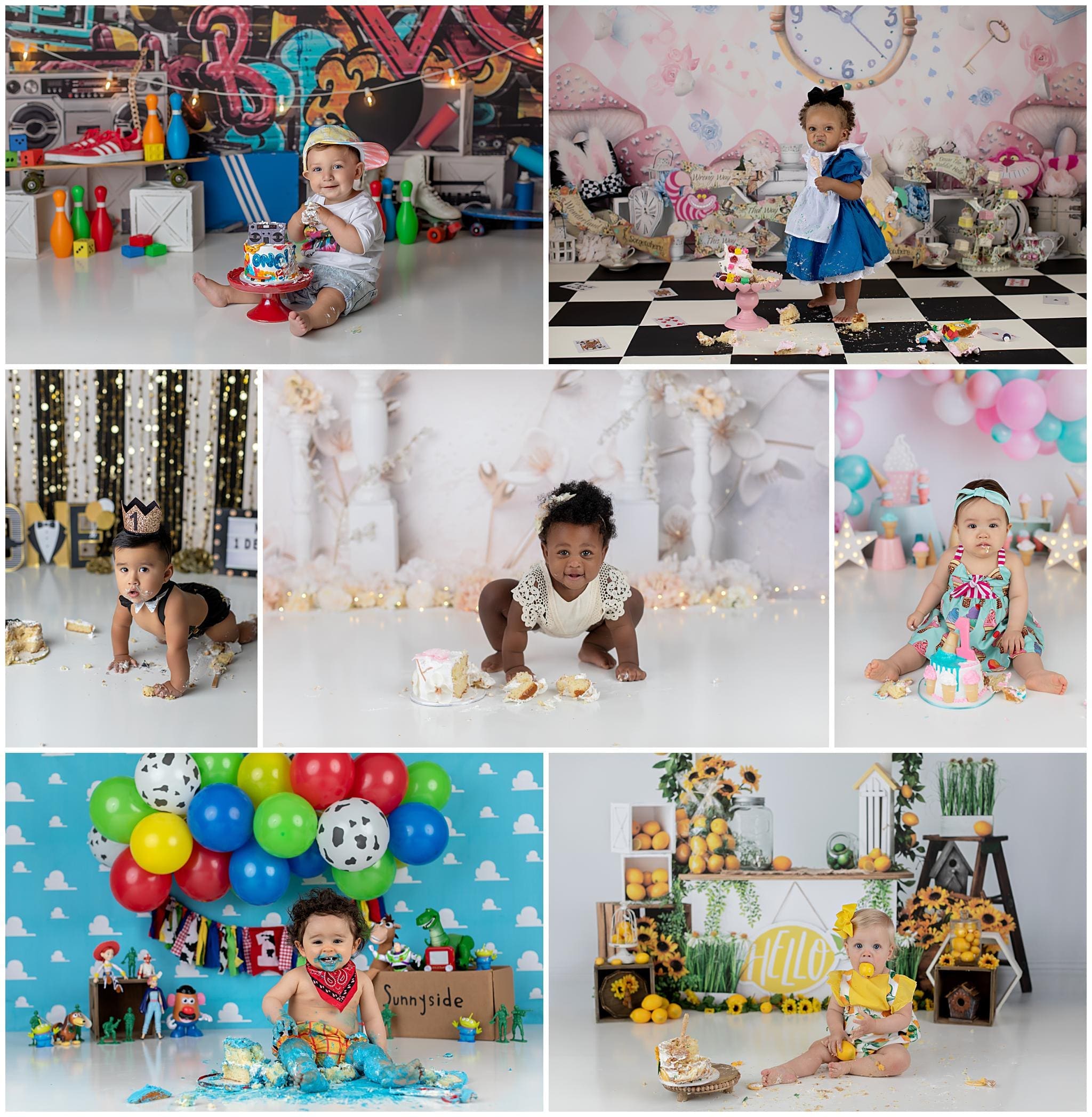 Kids smashing birthday cake during their cake smash photoshoot