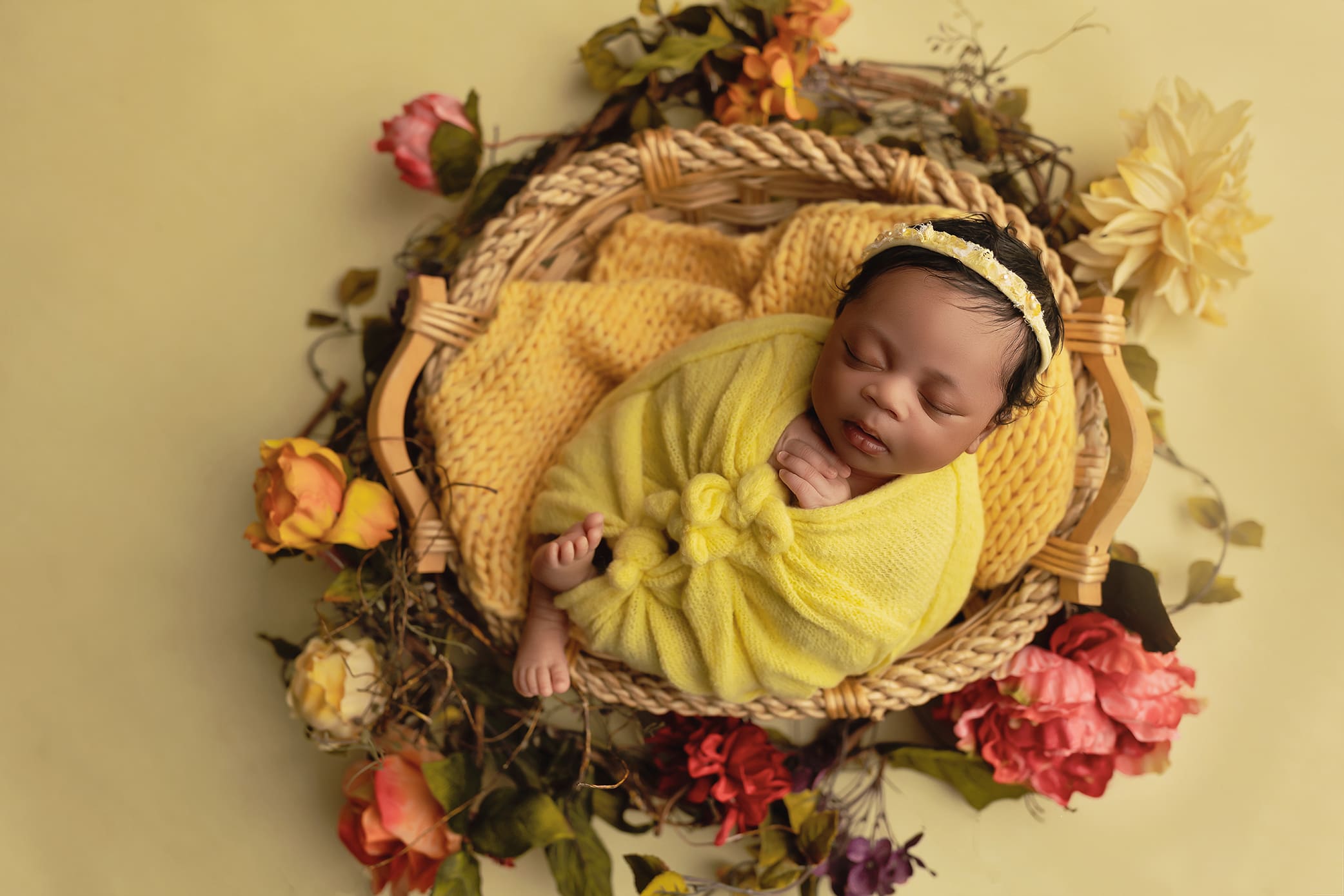 A sleeping baby wrapped in a yellow blanket and headband lies in a wicker basket surrounded by colorful flowers on a yellow background posed for her first newborn photo session in Connecticut.