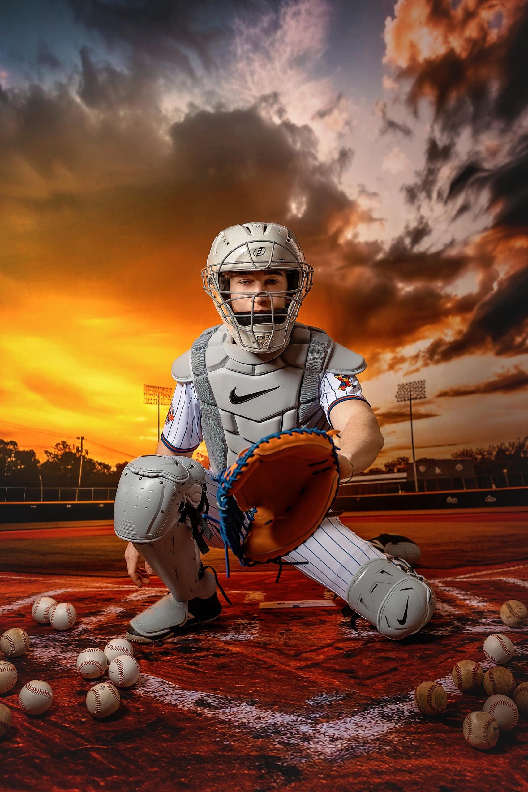 A catcher in full gear, captured by a child photographer from CT, crouches on a baseball field surrounded by baseballs. The sunset sky is vividly colored with orange and purple hues, and stadium lights glow softly in the background.