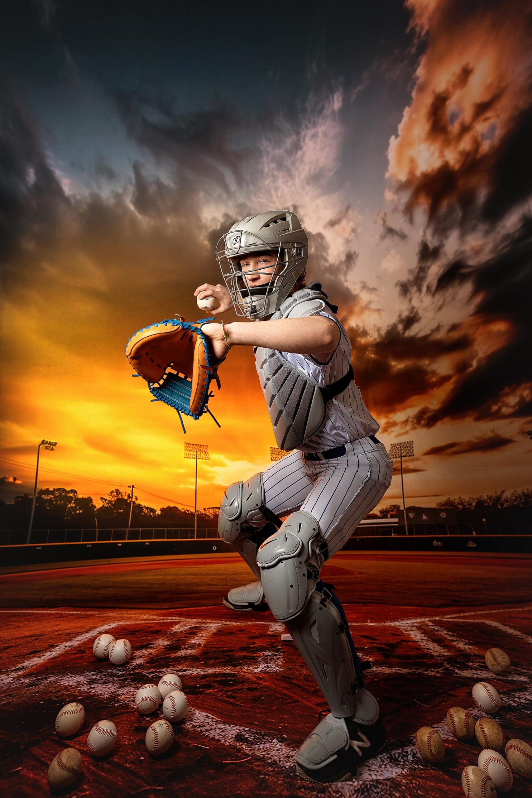 A baseball catcher, resembling the subject of captivating child photography, stands ready in full gear on a field scattered with baseballs. The dramatic sunset sky with vibrant orange clouds creates a striking backdrop, emphasizing youthful action and intensity.