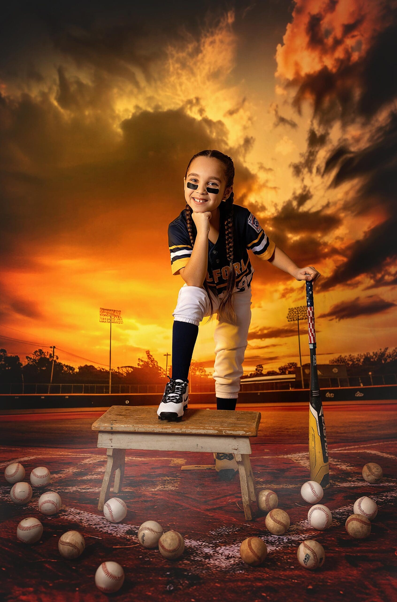 A young baseball player poses on a bench at sunset, capturing the spirit of child photography in Connecticut. With a uniform, face paint, and bat in hand, he stands against dramatic clouds and a field scattered with baseballs.
