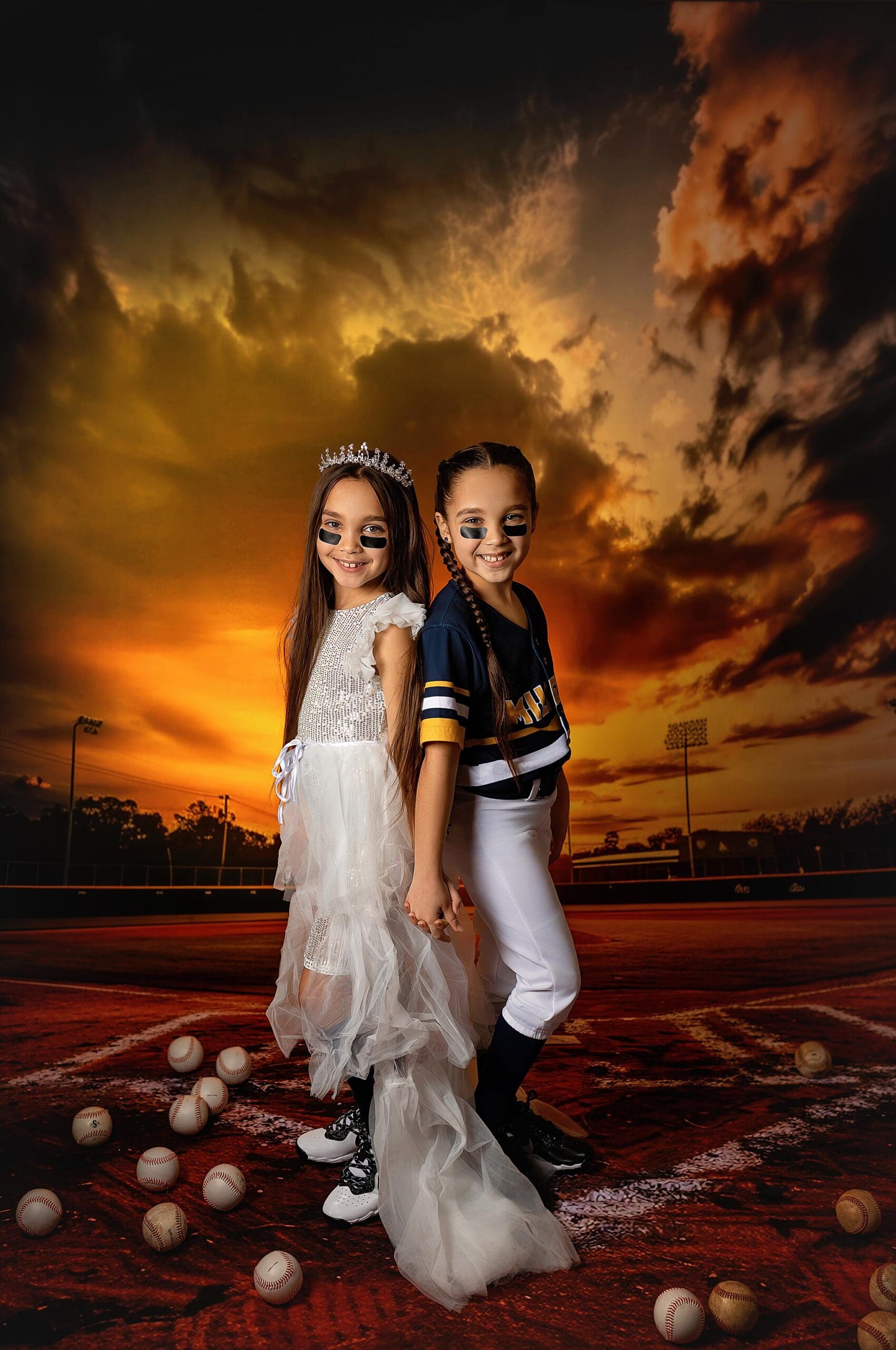 Two children stand on a baseball field at sunset, wearing athletic face paint. One dons a white gown and tiara, the other a football outfit. Baseballs scatter the ground around them, capturing the whimsical charm of studio child photos in CT.