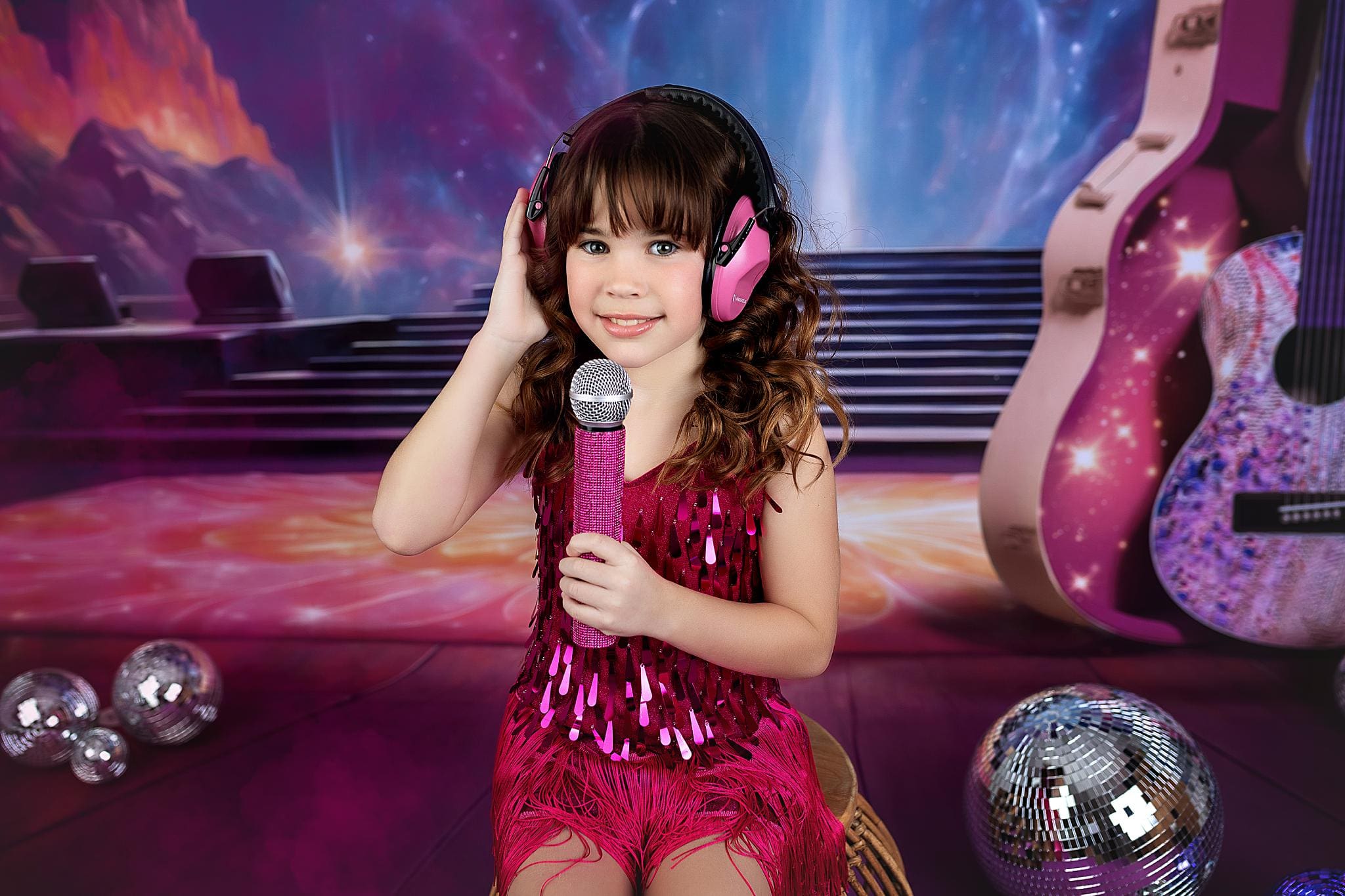 A young girl in a sparkling pink dress smiles while holding a microphone and wearing pink headphones. She is seated in a colorful, glittery stage setting with disco balls and guitars in the background.