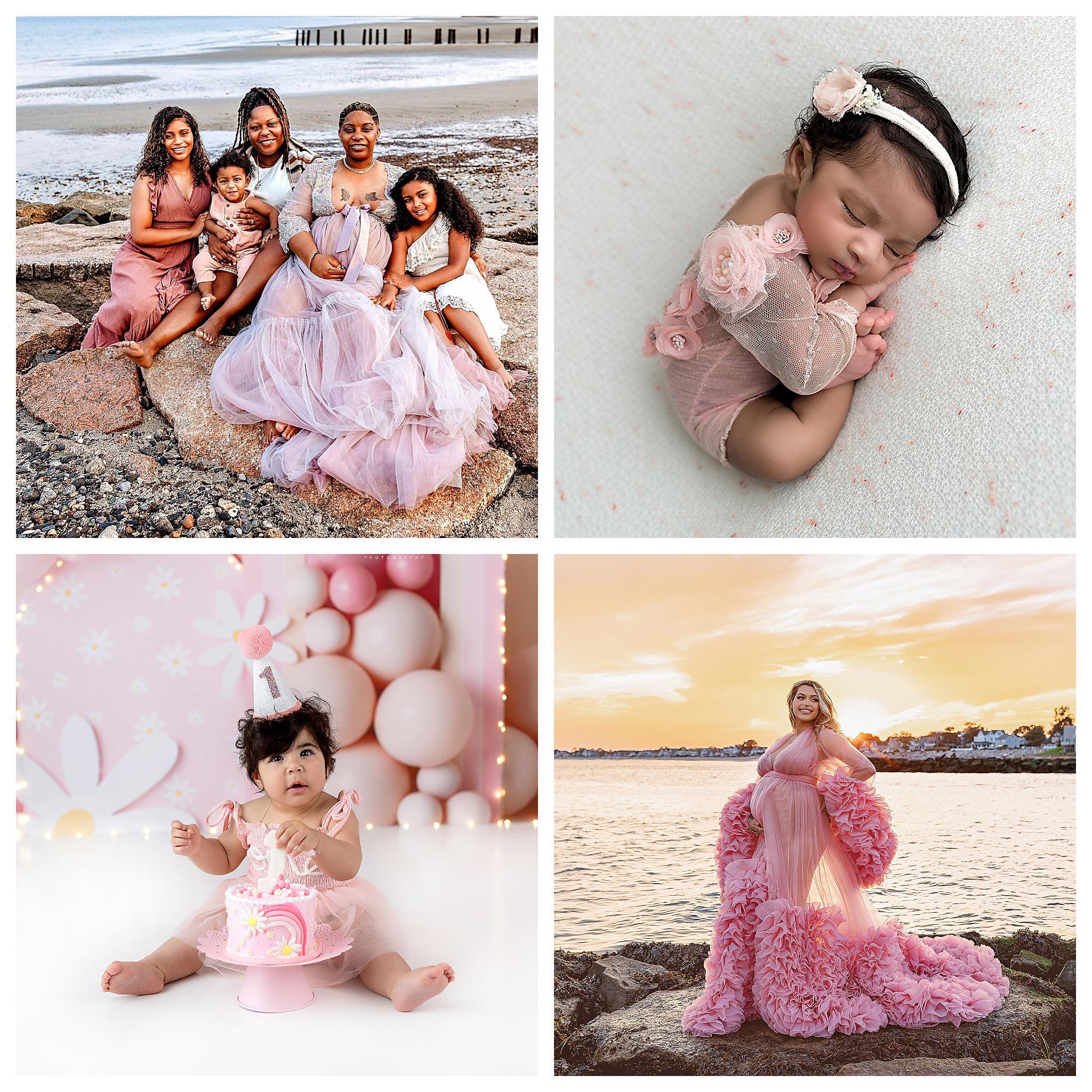 A collage of four images: a family of six in pink dresses by the beach; a newborn in pink lace with a headband; a toddler with cake at a pink birthday setup; a woman in a flowing pink dress at sunset by the water all captured by a CT family photographer.